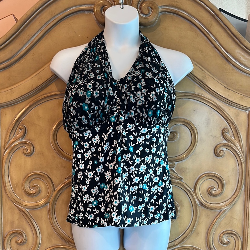 Anne Cole Floral Halter Neck Swim Top - Black and White